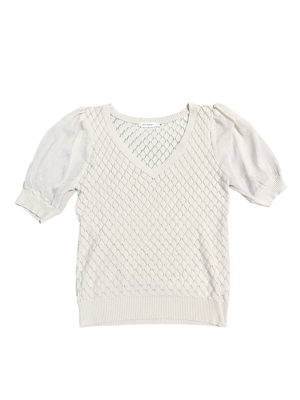 Blu Pepper Beige Diamond Openwork Knit Top Sheer Puff Sleeves Size Medium